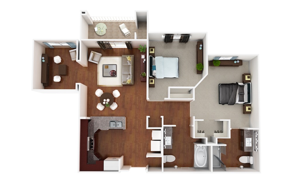 Capitola - 2 bedroom floorplan layout with 2 baths and 1070 square feet.